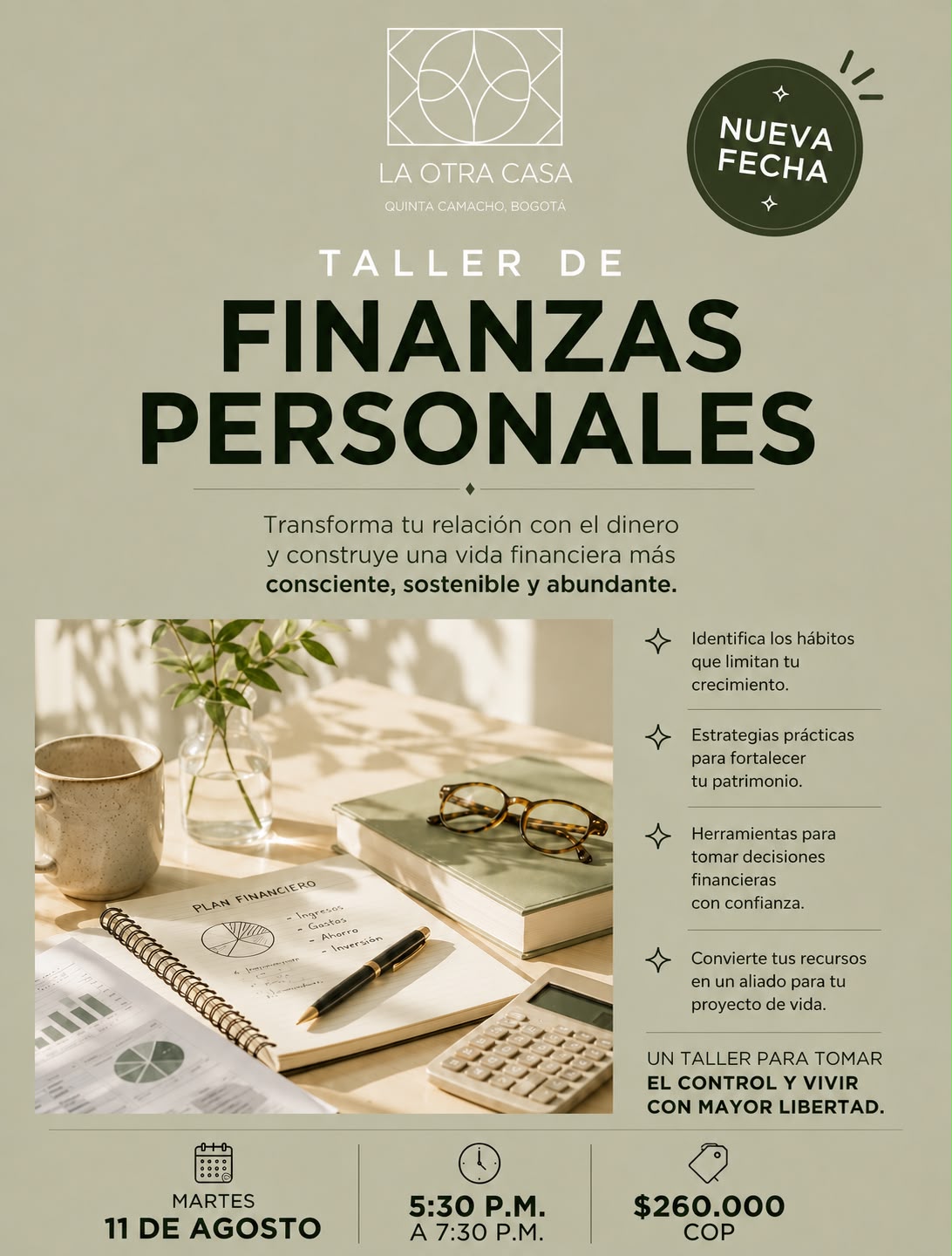 Taller de finanzas personales — nueva fecha: martes 11 de agosto, 5:30 a 7:30 PM.